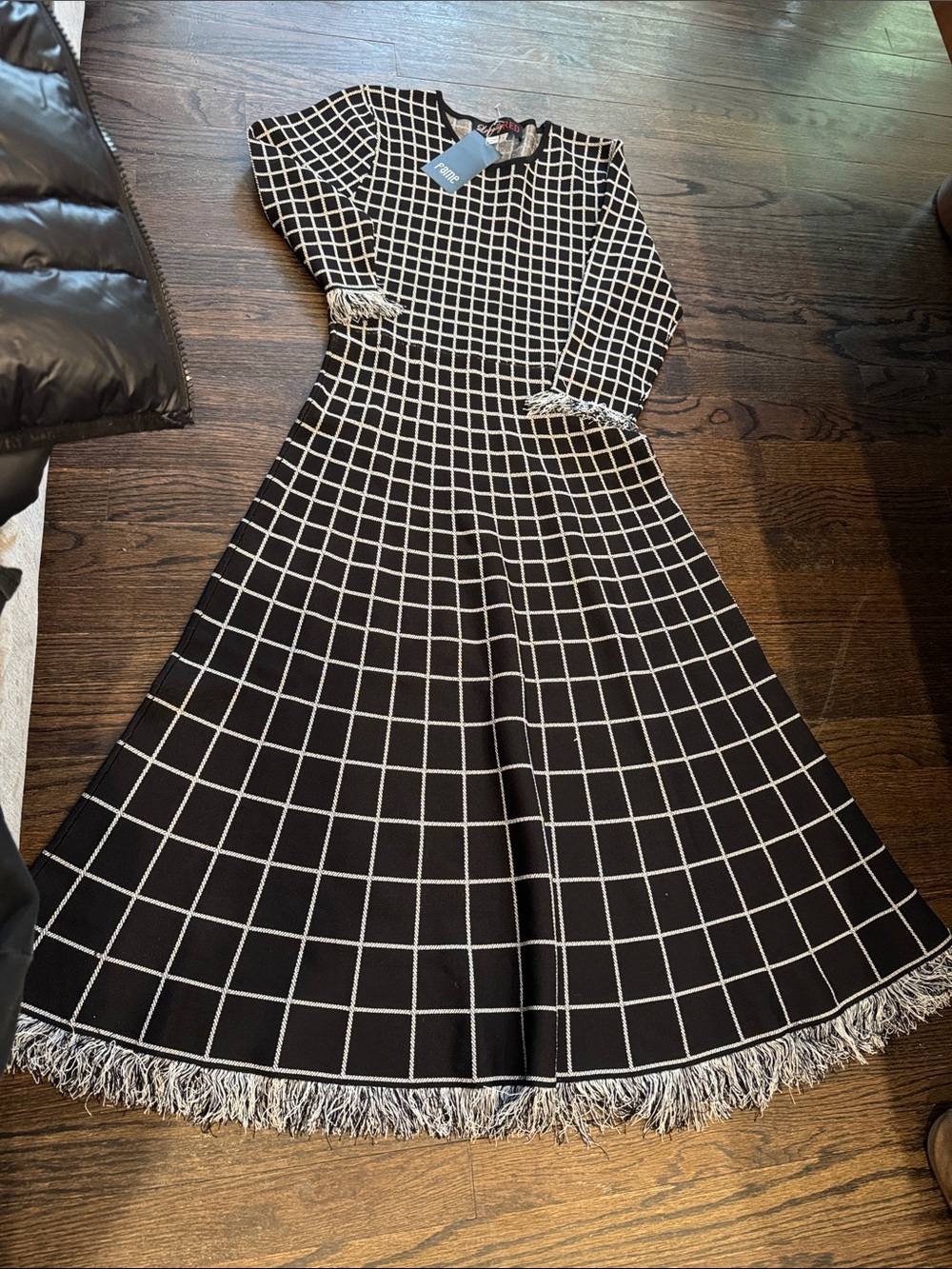 Windowpane Knit Long-Sleeve Dress with Fringe - Black & White